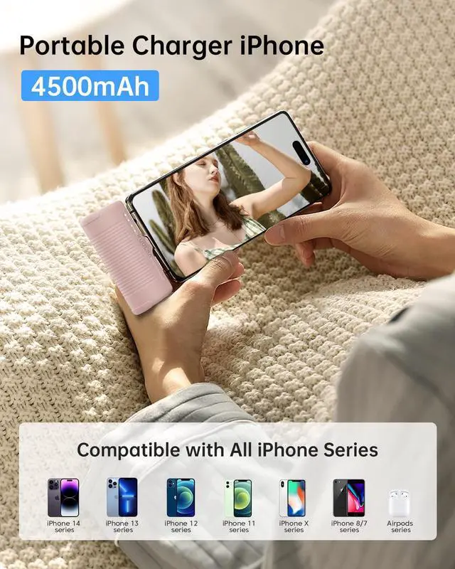 Alt view image 3 of 7 - Portable Phone Charger, Small Power Bank 4500mAh Mini Power Bank for iPhone Cute Battery Pack Backup Charger Travel Compatible with iPhone 14/13/12/11/XS/XR (Pink)