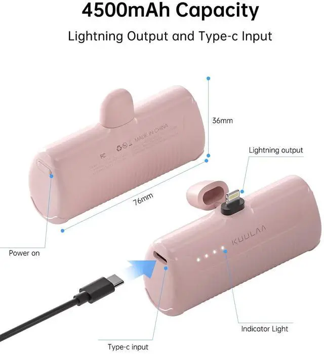 Alt view image 6 of 7 - Portable Phone Charger, Small Power Bank 4500mAh Mini Power Bank for iPhone Cute Battery Pack Backup Charger Travel Compatible with iPhone 14/13/12/11/XS/XR (Pink)