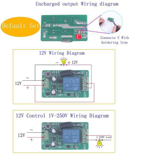 Alt view image 3 of 7 - DC 12V 10A Relay Switch 1CH Wireless Remote Control Switch 433MHz Transmitter Receiver Momentary/Toggle Switch 12V Opener Garage Door keypad Universal Wireless ON Off (2* Control+1* Receiver)