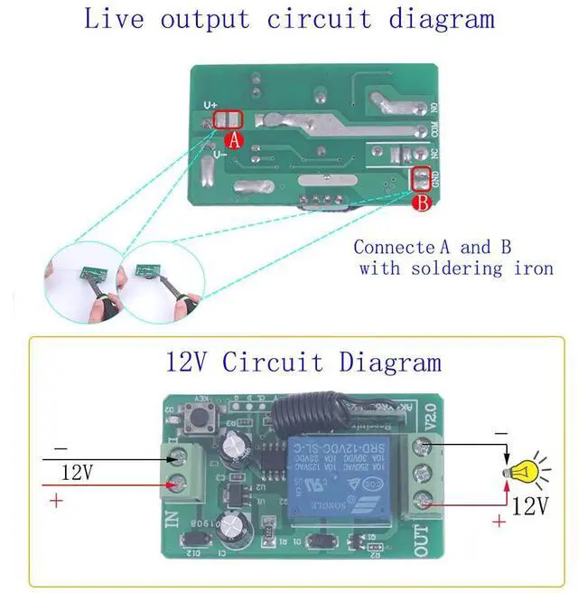 Alt view image 4 of 7 - DC 12V 10A Relay Switch 1CH Wireless Remote Control Switch 433MHz Transmitter Receiver Momentary/Toggle Switch 12V Opener Garage Door keypad Universal Wireless ON Off (2* Control+1* Receiver)