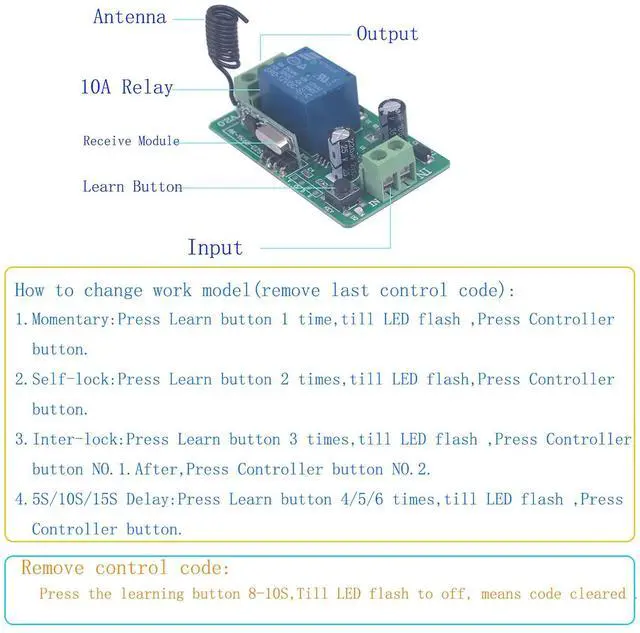 Alt view image 5 of 7 - DC 12V 10A Relay Switch 1CH Wireless Remote Control Switch 433MHz Transmitter Receiver Momentary/Toggle Switch 12V Opener Garage Door keypad Universal Wireless ON Off (2* Control+1* Receiver)