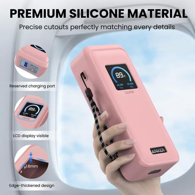 Alt view image 4 of 7 - Compatible with Anker Prime Power Bank 26,250Mah 300W Case Cover, Soft Silicone Shockproof Protective Case for Anker 300W Prime Power Bank with Anti-Lost Strap, LCD Display Visible (Pink)