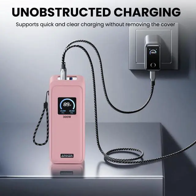 Alt view image 5 of 7 - Compatible with Anker Prime Power Bank 26,250Mah 300W Case Cover, Soft Silicone Shockproof Protective Case for Anker 300W Prime Power Bank with Anti-Lost Strap, LCD Display Visible (Pink)