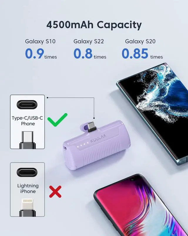 Alt view image 3 of 7 - Portable Charger USB C Power Bank 4500mAh Small Portable Phone Charger Android Compact Plug in Battery Pack Portable Compatible with iPhone 15, Samsung Galaxy, Moto, LG, Pixel, Purple