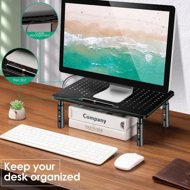 Alt view image 4 of 7 - Monitor Stand Risers for 2 Monitors, 3 Height Adjustable Monitor Stand with Pen Holder, Dual Monitor Riser Laptop Riser for Office, Home, School Supplies, 2 Pack, Black
