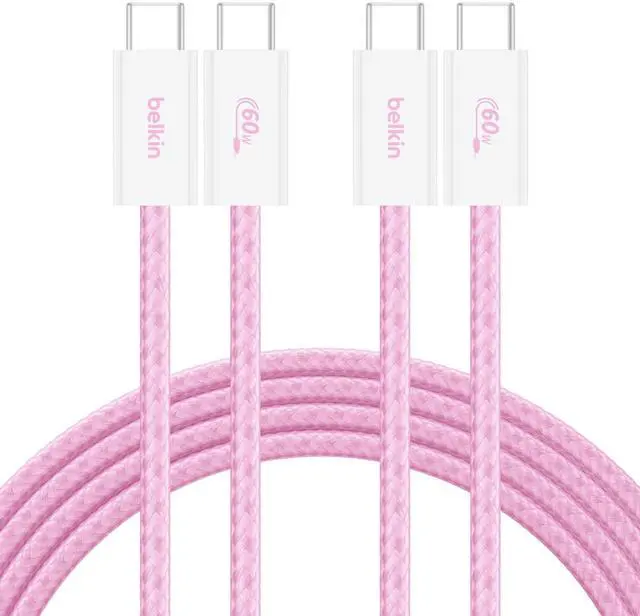 Main image of USB C to USB C Cable 2-Pack, 6.6ft, 60W - Type C Charger, iPhone Charger Cord, Soft, Braided, Flexible for iPhone 17, Galaxy S25, Pixel 10, Airpods, iPad Pro & More, Travel Essentials - Pink