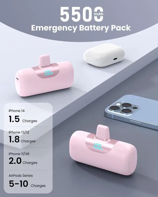 Alt view image 2 of 7 - Mini Portable Charger for iPhone,Upgraded 22.5W PD Fast Charging 5500mAh Ultra-Compact Power Bank,LCD Display Plug-in Cute Battery Pack Travel Essentials for iPhone 14/14Pro/13/12/11/X/8/7/6plus-Pink