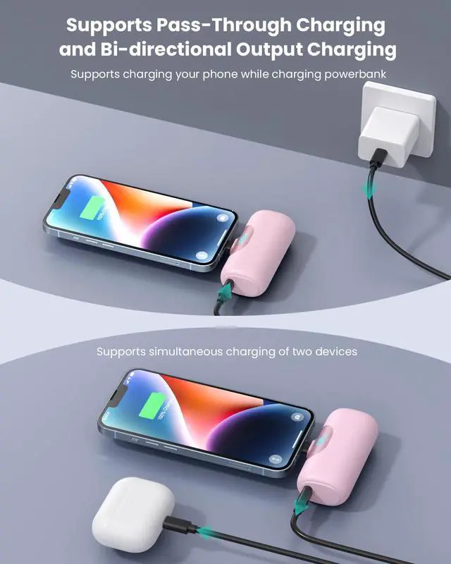 Alt view image 4 of 7 - Mini Portable Charger for iPhone,Upgraded 22.5W PD Fast Charging 5500mAh Ultra-Compact Power Bank,LCD Display Plug-in Cute Battery Pack Travel Essentials for iPhone 14/14Pro/13/12/11/X/8/7/6plus-Pink
