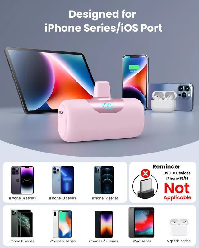 Alt view image 3 of 7 - Mini Portable Charger for iPhone,Upgraded 22.5W PD Fast Charging 5500mAh Ultra-Compact Power Bank,LCD Display Plug-in Cute Battery Pack Travel Essentials for iPhone 14/14Pro/13/12/11/X/8/7/6plus-Pink