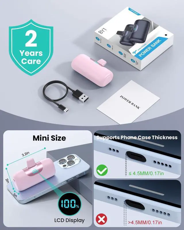 Alt view image 5 of 7 - Mini Portable Charger for iPhone,Upgraded 22.5W PD Fast Charging 5500mAh Ultra-Compact Power Bank,LCD Display Plug-in Cute Battery Pack Travel Essentials for iPhone 14/14Pro/13/12/11/X/8/7/6plus-Pink