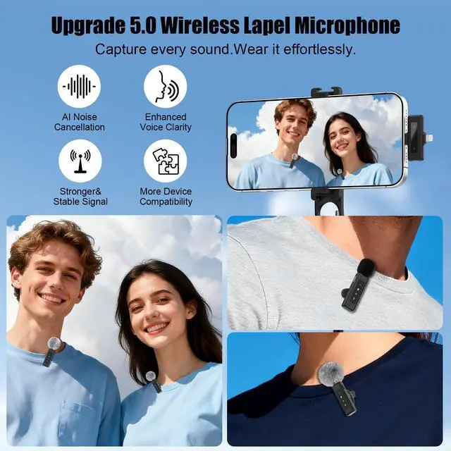 Alt view image 2 of 7 - Wireless Mini Microphone for iPhone, Android - 2 Pack Lavalier Microphone for Video Recording,Clip-on Mics Content Creator Microphones for YouTube Tiktok Podcast Vlogging
