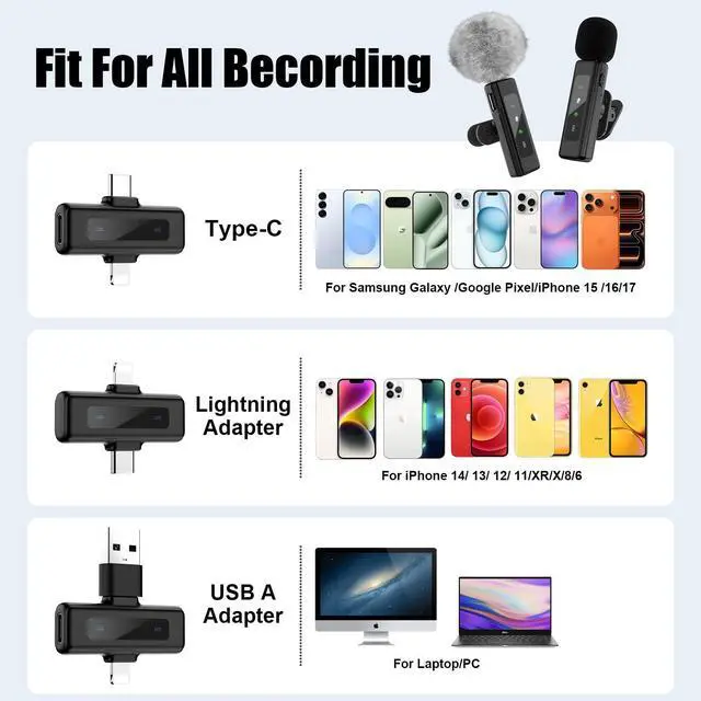 Alt view image 7 of 7 - Wireless Mini Microphone for iPhone, Android - 2 Pack Lavalier Microphone for Video Recording,Clip-on Mics Content Creator Microphones for YouTube Tiktok Podcast Vlogging