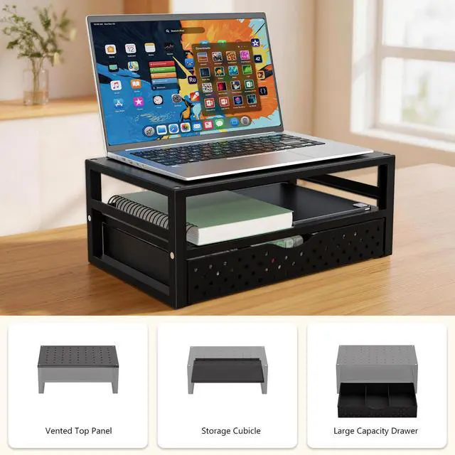 Alt view image 7 of 7 - Monitor Stand Riser with Drawer, Desk Organizers and Accessories for Computer, Printer, Laptop Stand for Home Office Supplies, (PTT005-B), 1 Pack, Black