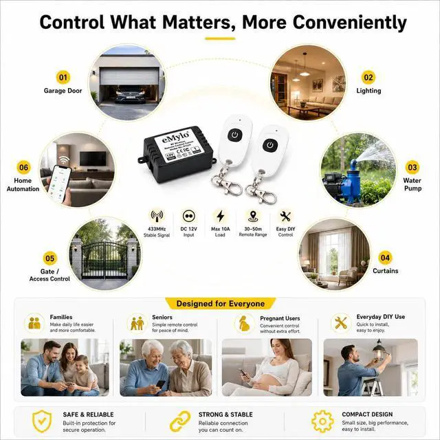 Alt view image 3 of 7 - Smart RF Relay Switch eMylo Wireless Remote Control Switch DC 12V One Channel Momentary Module 433Mhz Relay Receiver with Two Transmitters