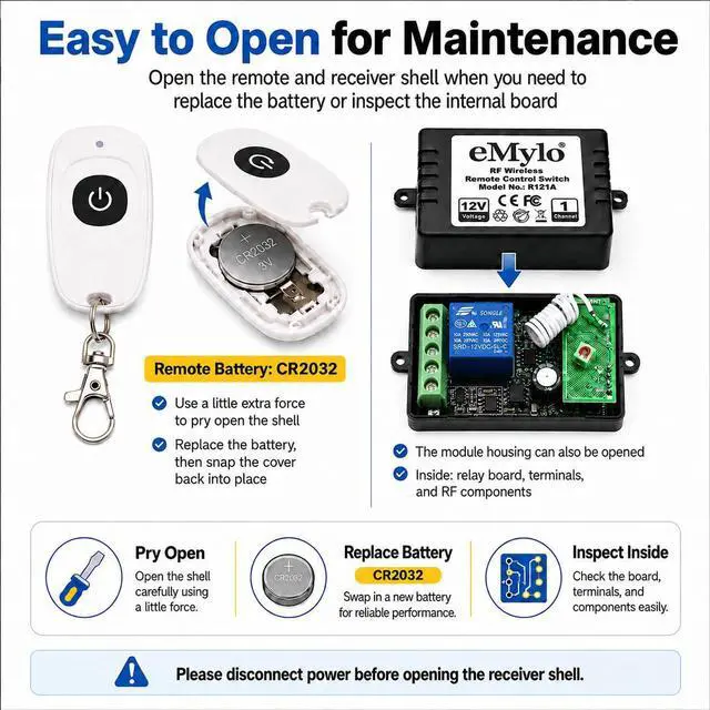 Alt view image 5 of 7 - Smart RF Relay Switch eMylo Wireless Remote Control Switch DC 12V One Channel Momentary Module 433Mhz Relay Receiver with Two Transmitters