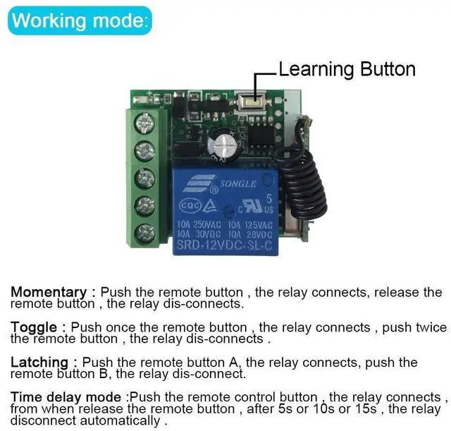 Alt view image 2 of 7 - DC 12V 1CH 433Mhz RF Wireless Relay Remote Control Light Momentary Switch Transmitter with Receiver (1 Relay)