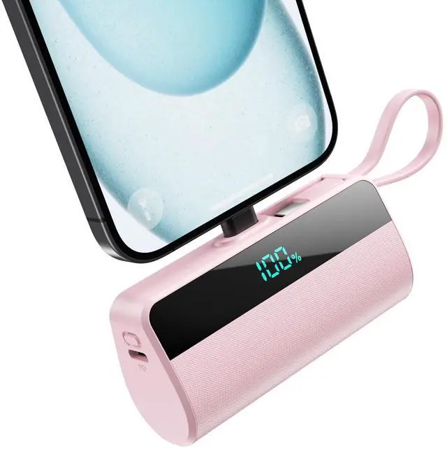 Main image of Small Portable Charger for iPhone with Built in USB C Cable, 5500mAh Mini Power Bank 20W PD Fast Charging, LCD Display Battery Pack for iPhone 17/16/15/14/13/12/11/X/8/6 Series Android Galaxy (Pink)