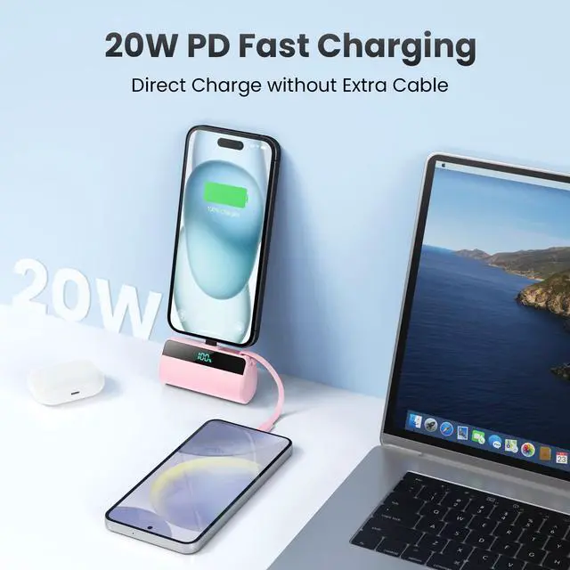 Alt view image 4 of 7 - Small Portable Charger for iPhone with Built in USB C Cable, 5500mAh Mini Power Bank 20W PD Fast Charging, LCD Display Battery Pack for iPhone 17/16/15/14/13/12/11/X/8/6 Series Android Galaxy (Pink)