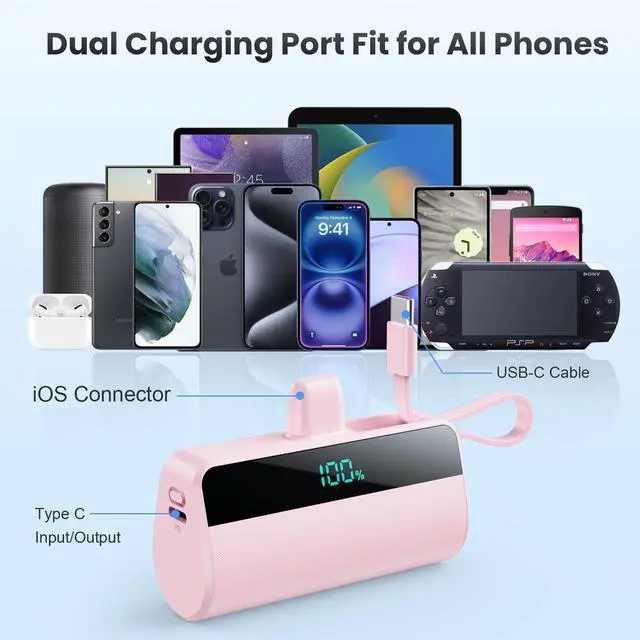 Alt view image 2 of 7 - Small Portable Charger for iPhone with Built in USB C Cable, 5500mAh Mini Power Bank 20W PD Fast Charging, LCD Display Battery Pack for iPhone 17/16/15/14/13/12/11/X/8/6 Series Android Galaxy (Pink)