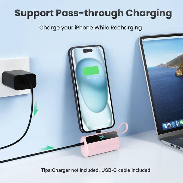Alt view image 3 of 7 - Small Portable Charger for iPhone with Built in USB C Cable, 5500mAh Mini Power Bank 20W PD Fast Charging, LCD Display Battery Pack for iPhone 17/16/15/14/13/12/11/X/8/6 Series Android Galaxy (Pink)