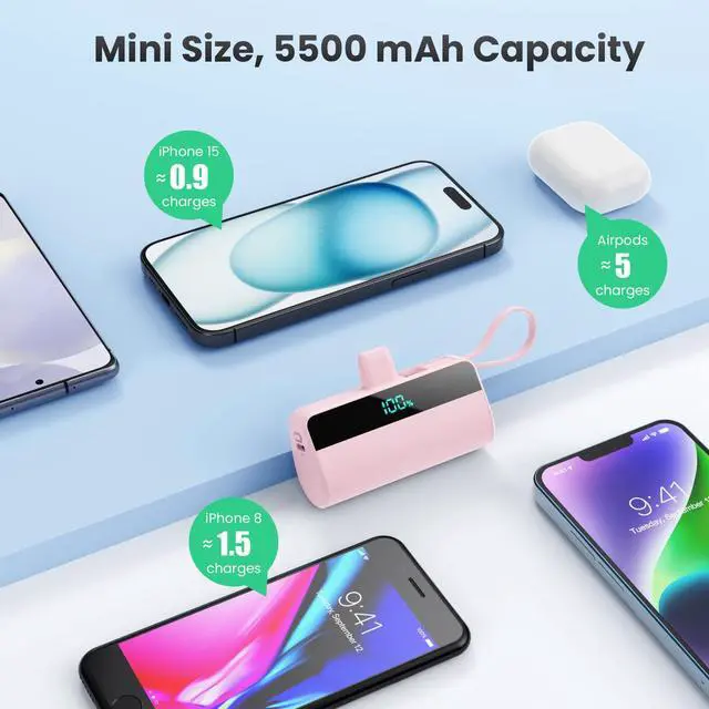 Alt view image 5 of 7 - Small Portable Charger for iPhone with Built in USB C Cable, 5500mAh Mini Power Bank 20W PD Fast Charging, LCD Display Battery Pack for iPhone 17/16/15/14/13/12/11/X/8/6 Series Android Galaxy (Pink)