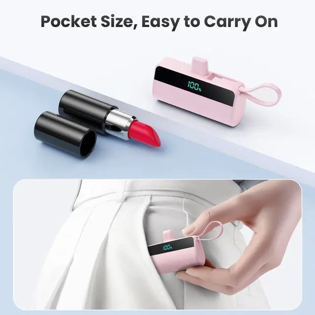 Alt view image 7 of 7 - Small Portable Charger for iPhone with Built in USB C Cable, 5500mAh Mini Power Bank 20W PD Fast Charging, LCD Display Battery Pack for iPhone 17/16/15/14/13/12/11/X/8/6 Series Android Galaxy (Pink)