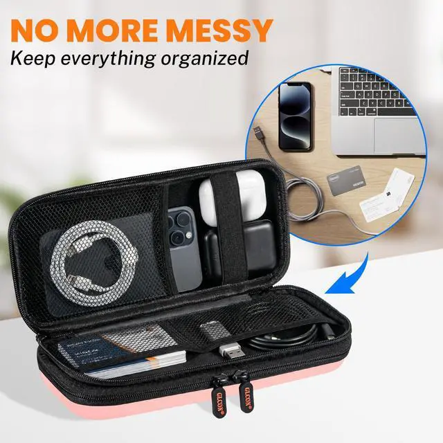 Alt view image 4 of 7 - Double-Layer Hard Carrying Case with Multiple Pocket - Portable Electronics Organizer Travel Case for Women, Girl - Roomy Zipper Pouch Bag for Charger, Phone, Power Bank, Cable, Cord, Tech Accessories