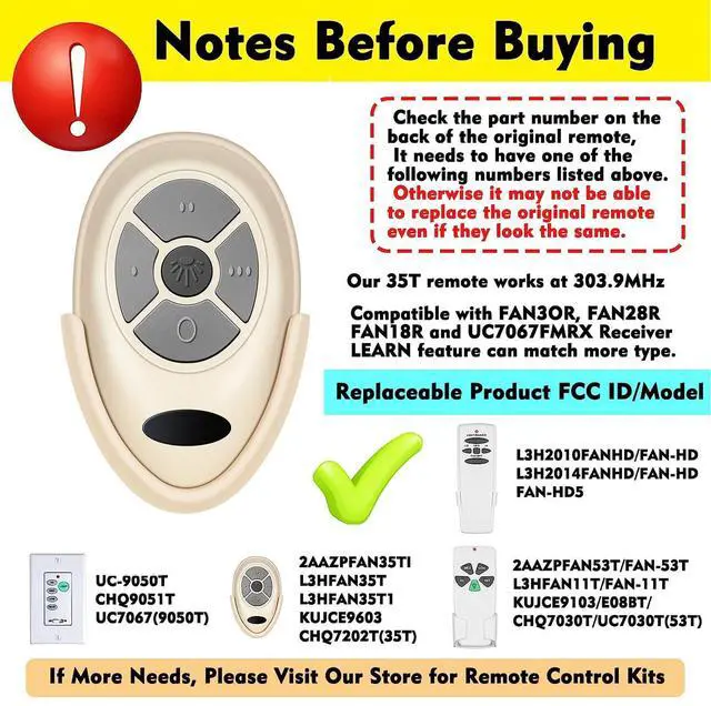 Alt view image 2 of 6 - 35T Ceiling Fan Remote Control Replacement for Harbor Breeze Replace FAN-53T FAN-11T Fan-HD L3HFAN35T FAN-35T L3HFAN35T1 FAN-35T1, 3-Speed with Light Dimmer,Learn Key