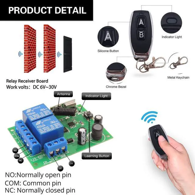 Alt view image 5 of 7 - DC 12V 24V 30V Secure Remote Control Switch Universal Wireless 433Mhz Rf 10A Relay Receiver Board with 2 Transmitter Key Fobs for Motor Light Gate Door DIY Wireless Controller