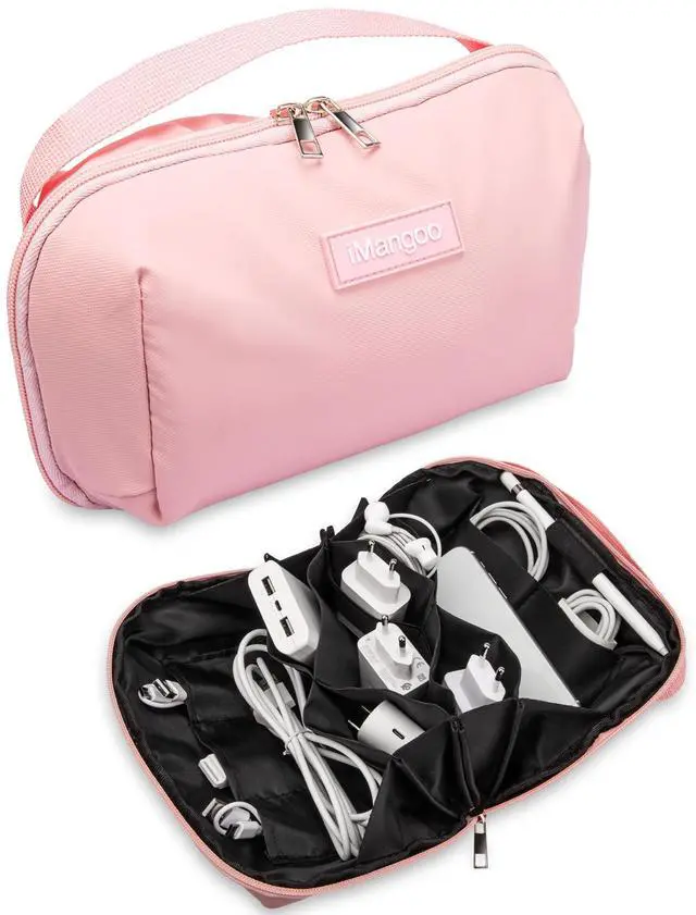 Main image of Large Capacity Backpack Organizer Pouch, Tech Electronics Travel Essentials Kit with Carrying Holder, 150° Open Portable Accessories Bag for Charger Power Bank Cable Cord, Daily Purse for Women, Pink