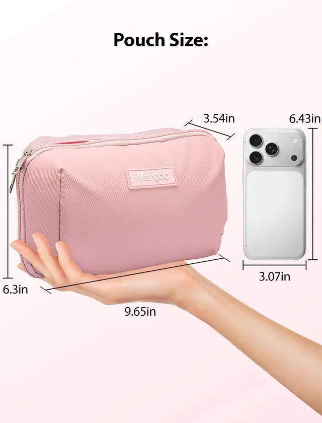 Alt view image 2 of 7 - Large Capacity Backpack Organizer Pouch, Tech Electronics Travel Essentials Kit with Carrying Holder, 150° Open Portable Accessories Bag for Charger Power Bank Cable Cord, Daily Purse for Women, Pink