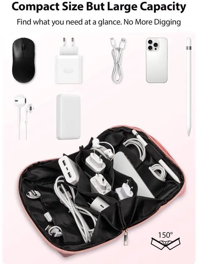 Alt view image 3 of 7 - Large Capacity Backpack Organizer Pouch, Tech Electronics Travel Essentials Kit with Carrying Holder, 150° Open Portable Accessories Bag for Charger Power Bank Cable Cord, Daily Purse for Women, Pink