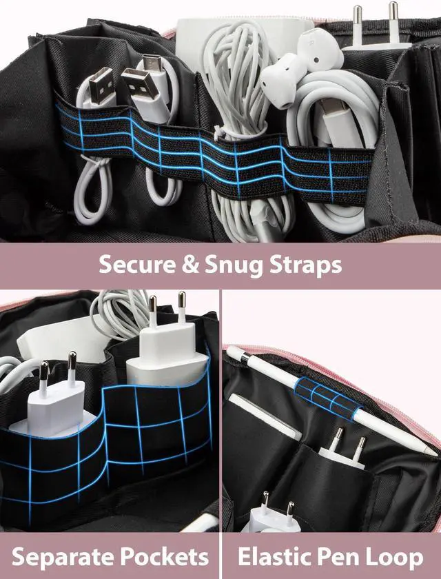 Alt view image 4 of 7 - Large Capacity Backpack Organizer Pouch, Tech Electronics Travel Essentials Kit with Carrying Holder, 150° Open Portable Accessories Bag for Charger Power Bank Cable Cord, Daily Purse for Women, Pink