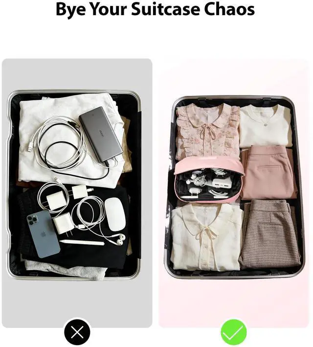 Alt view image 7 of 7 - Large Capacity Backpack Organizer Pouch, Tech Electronics Travel Essentials Kit with Carrying Holder, 150° Open Portable Accessories Bag for Charger Power Bank Cable Cord, Daily Purse for Women, Pink