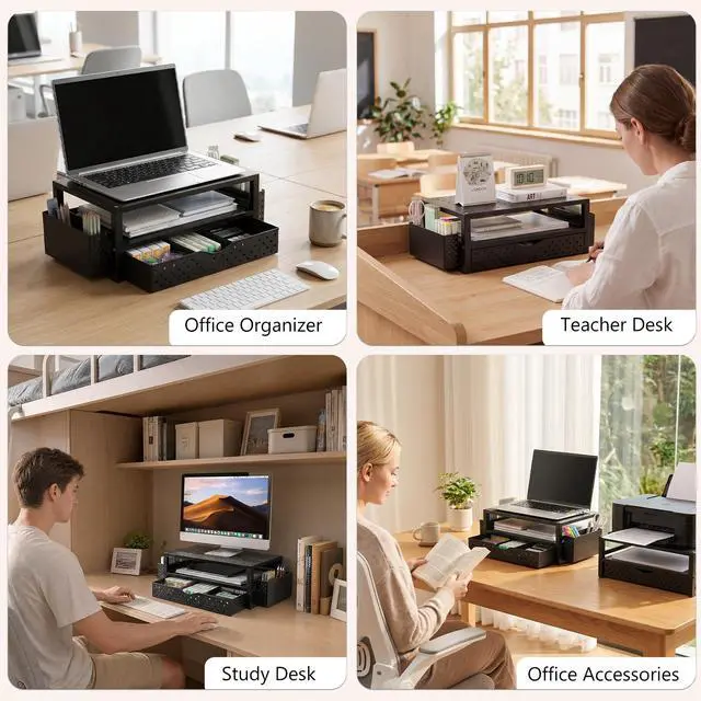 Alt view image 3 of 7 - Monitor Stand Riser with Drawer and 2 Pen Holders, Desk Organizers and Accessories for Computer, Printer, Laptop Stand for Home Office Supplies, (PTT004-B), 1 Pack, Black