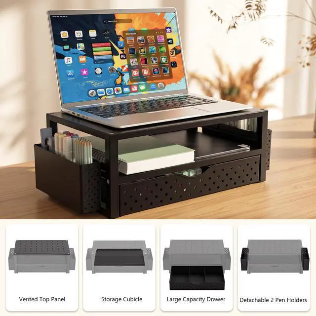 Alt view image 7 of 7 - Monitor Stand Riser with Drawer and 2 Pen Holders, Desk Organizers and Accessories for Computer, Printer, Laptop Stand for Home Office Supplies, (PTT004-B), 1 Pack, Black