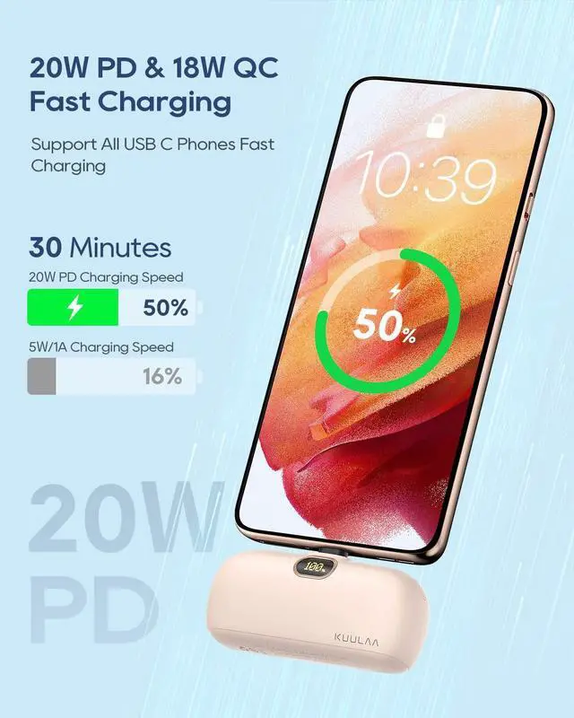 Alt view image 2 of 7 - Portable Charger USB C Power Bank Small Portable Phone Charger Android Compact Plug in Battery Pack Portable Compatible with iPhone 17/16/15, Samsung Galaxy, Moto, LG, Pixel, Pink