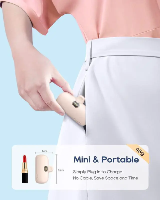 Alt view image 3 of 7 - Portable Charger USB C Power Bank Small Portable Phone Charger Android Compact Plug in Battery Pack Portable Compatible with iPhone 17/16/15, Samsung Galaxy, Moto, LG, Pixel, Pink