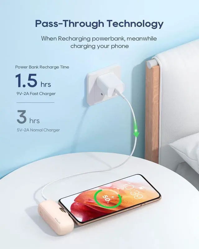 Alt view image 5 of 7 - Portable Charger USB C Power Bank Small Portable Phone Charger Android Compact Plug in Battery Pack Portable Compatible with iPhone 17/16/15, Samsung Galaxy, Moto, LG, Pixel, Pink