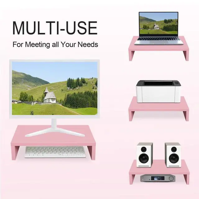 Alt view image 3 of 7 - Pink Monitor Stand Riser, Wood Monitor Riser with Storage for Desk Small Monitor Stand TV/Screen/PC/Laptop Riser Computer Stand Desktop Shelf (Pink-14.2 inch)