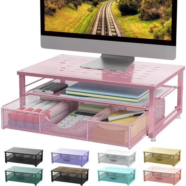 Main image of Computer Monitor Stand Riser, office organizer with Drawer, Office Organizers Storage for Classroom Office Supplies (Pink)