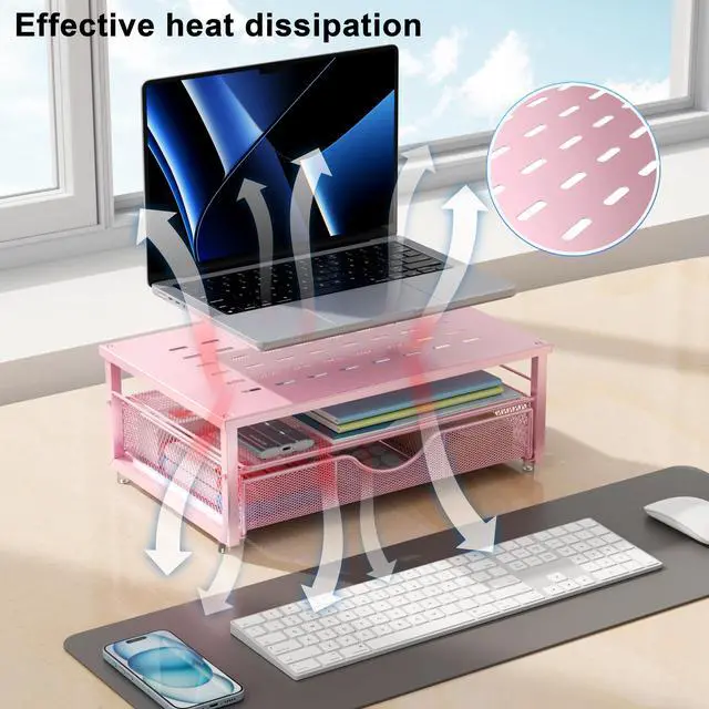 Alt view image 3 of 7 - Computer Monitor Stand Riser, office organizer with Drawer, Office Organizers Storage for Classroom Office Supplies (Pink)