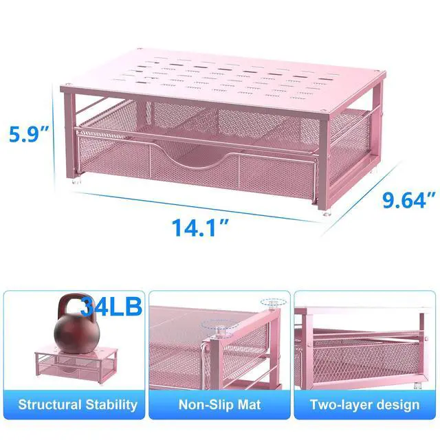 Alt view image 5 of 7 - Computer Monitor Stand Riser, office organizer with Drawer, Office Organizers Storage for Classroom Office Supplies (Pink)