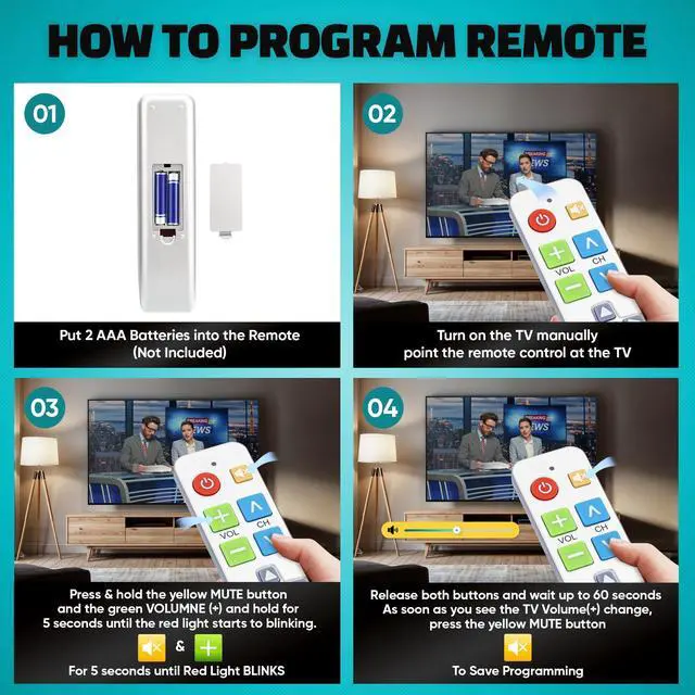Alt view image 5 of 7 - Big Button Universal TV Remote (Silver) Simple Easy to Use, Great for Seniors, Works with Major TV Brands (2xAAA Batteries Not Included)