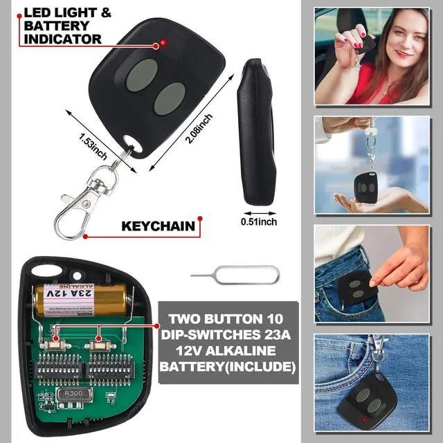 Alt view image 2 of 7 - 3 Pcs 10 Dip Switch Two Button Garage Door Remote Compatible with Multicode 300mhz 3089 3060 3070 3083 Gate Opener Remote with Keychain, Control 2 Different Doors Simultaneously