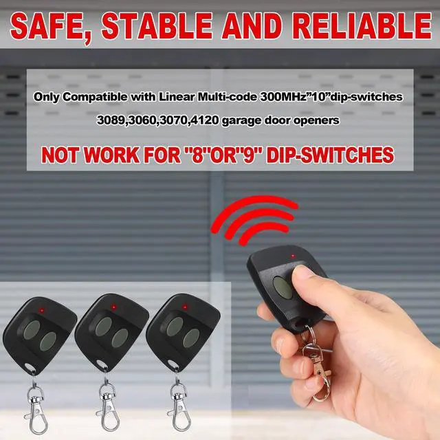 Alt view image 4 of 7 - 3 Pcs 10 Dip Switch Two Button Garage Door Remote Compatible with Multicode 300mhz 3089 3060 3070 3083 Gate Opener Remote with Keychain, Control 2 Different Doors Simultaneously