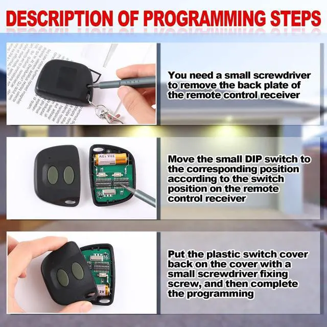 Alt view image 5 of 7 - 3 Pcs 10 Dip Switch Two Button Garage Door Remote Compatible with Multicode 300mhz 3089 3060 3070 3083 Gate Opener Remote with Keychain, Control 2 Different Doors Simultaneously