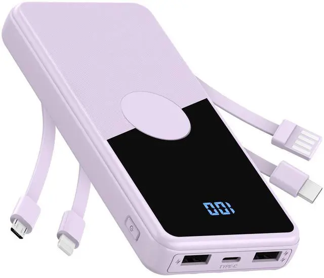 Main image of Portable Charger with Built in Cables,High Speed Power Bank 10000mAh Travel Battery Pack 5 Outputs 3 Inputs Portable Phone Charger Backup Battery for iPhone, Samsung, iPad,Tablets (Purple)