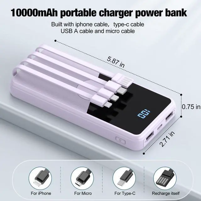 Alt view image 2 of 7 - Portable Charger with Built in Cables,High Speed Power Bank 10000mAh Travel Battery Pack 5 Outputs 3 Inputs Portable Phone Charger Backup Battery for iPhone, Samsung, iPad,Tablets (Purple)