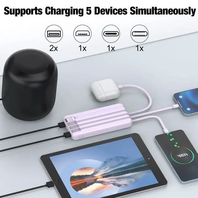 Alt view image 3 of 7 - Portable Charger with Built in Cables,High Speed Power Bank 10000mAh Travel Battery Pack 5 Outputs 3 Inputs Portable Phone Charger Backup Battery for iPhone, Samsung, iPad,Tablets (Purple)